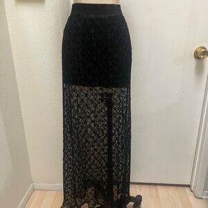 Black Lace Maxi Skirt with Sheer Overlay